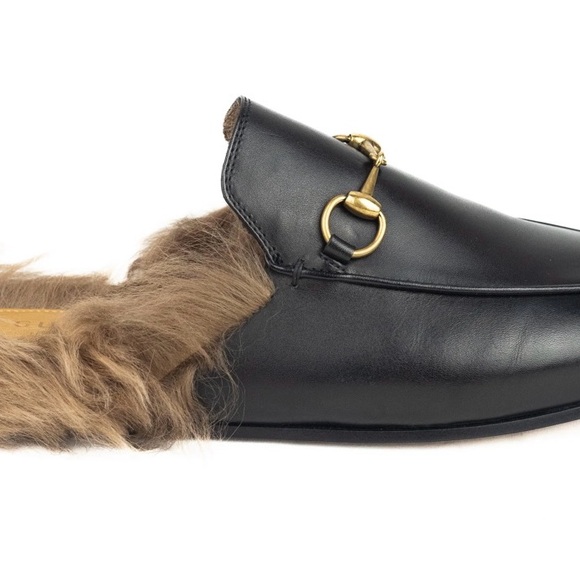 Gucci Black Leather Mules with Fur Trim Princeton Loafers - Picture 1 of 9